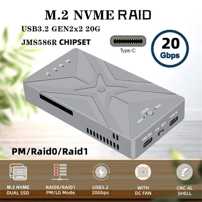 UC-031 Dual NVME M.2 NGFF M-Key to USB-C Type-C Raid0 Raid1 JOBD Big Enclosure 20Gbps with Fan Raid0 Hyper Adapter - 5