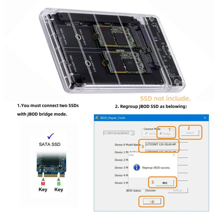 SA-031+UC-079 Dual NGFF B+M-Key M.2 SSD Card JOBD Raid0 Span Bridge to USB3.0 Type-C USB-C 2.5inch SATA Combo Enclosure - 6