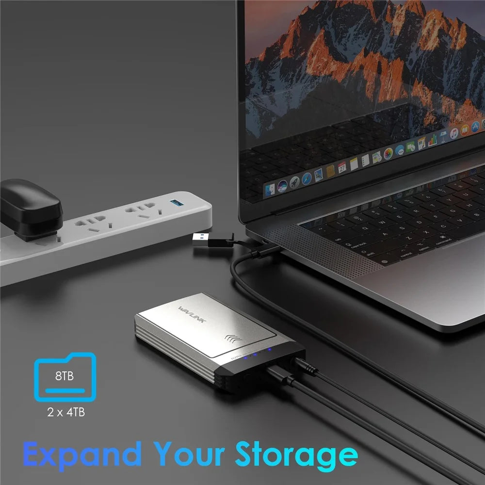 WAVLINK ST347 Dual Slot M.2 SSD Enclosure USB-C 3.2 Gen2 10Gbps One-Click Offline Clone For Data Migration  /  Backup - UK Plug - 3