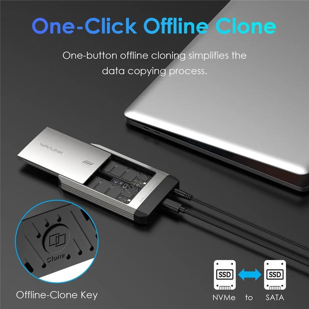 WAVLINK ST347 Dual Slot M.2 SSD Enclosure USB-C 3.2 Gen2 10Gbps One-Click Offline Clone For Data Migration  /  Backup - UK Plug - 4