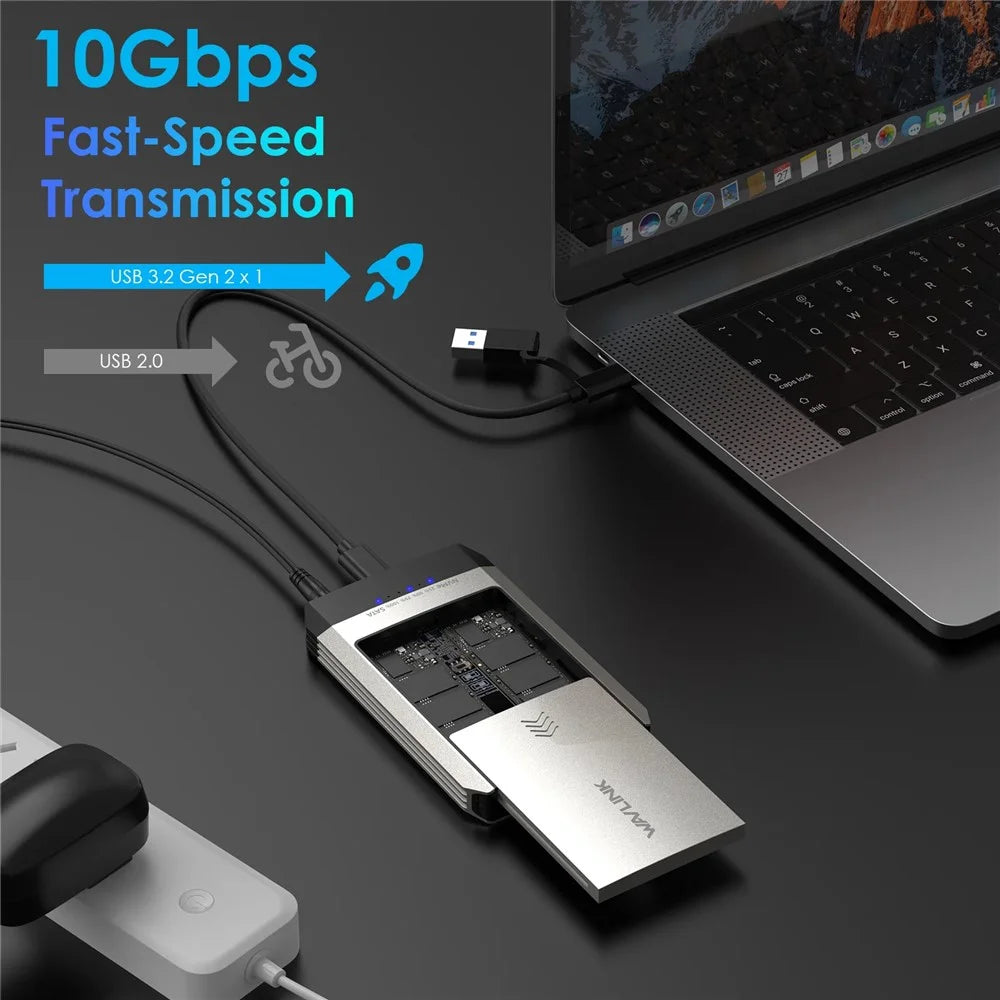 WAVLINK ST347 Dual Slot M.2 SSD Enclosure USB-C 3.2 Gen2 10Gbps One-Click Offline Clone For Data Migration  /  Backup - UK Plug - 5
