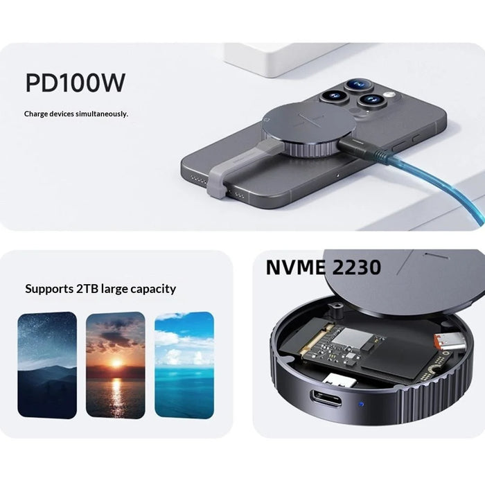 Magnetic NVMe SSD Enclosure with PD Charging, Type-C 3.2 Solid State Drive Case for 2230  /  2242 SSD - Grey - 5