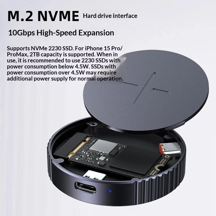 Magnetic NVMe SSD Enclosure with PD Charging, Type-C 3.2 Solid State Drive Case for 2230  /  2242 SSD - Grey - 6