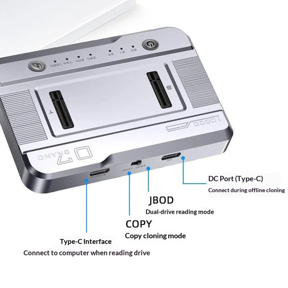 Dual Bay M.2 NVMe / SATA SSD Cloning Dock, Offline One-Key Copy, 5Gbps USB-C 3.2 Hard Drive Enclosure, SATA-to-SATA Clone - Silver - 3
