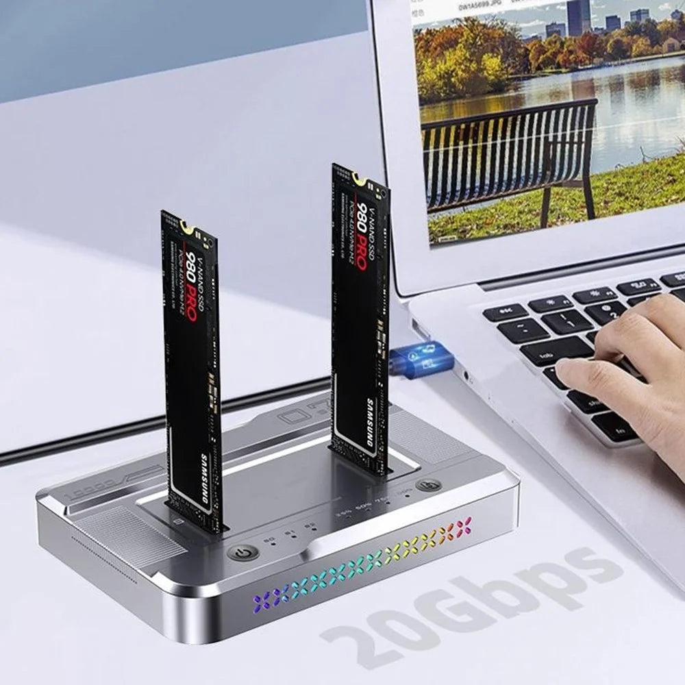 Dual Bay M.2 NVMe / SATA SSD Cloning Dock, Offline One-Key Copy, 5Gbps USB-C 3.2 Hard Drive Enclosure, SATA-to-SATA Clone - Silver - 5
