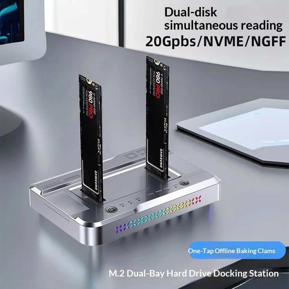Dual Bay M.2 NVMe / SATA SSD Cloning Dock, Offline One-Key Copy, 5Gbps USB-C 3.2 Hard Drive Enclosure, SATA-to-SATA Clone - Silver - 6