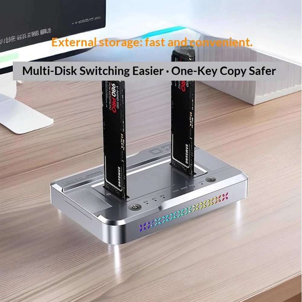 Dual Bay M.2 NVMe / SATA SSD Cloning Dock, Offline One-Key Copy, 5Gbps USB-C 3.2 Hard Drive Enclosure, SATA-to-SATA Clone - Silver - 7