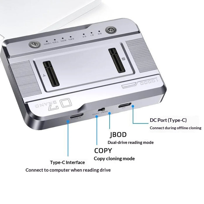 Dual Bay M.2 SSD Cloning Dock, 10Gbps NVMe to NVMe Offline Clone, One-Key Copy Type-C 3.2 Enclosure, Dual Drive Read - Silver - 3