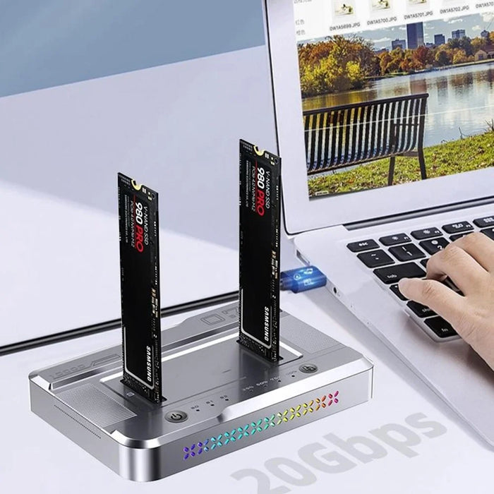 Dual Bay M.2 SSD Cloning Dock, 10Gbps NVMe to NVMe Offline Clone, One-Key Copy Type-C 3.2 Enclosure, Dual Drive Read - Silver - 5