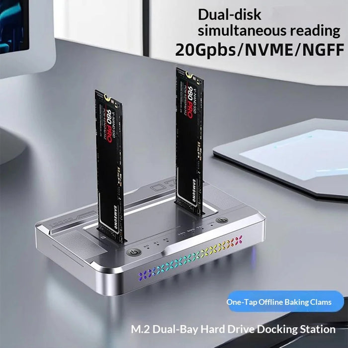 Dual Bay M.2 SSD Cloning Dock, 10Gbps NVMe to NVMe Offline Clone, One-Key Copy Type-C 3.2 Enclosure, Dual Drive Read - Silver - 7