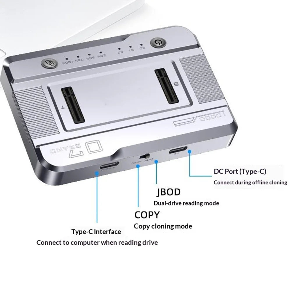Dual Bay M.2 SSD Cloning Dock, 20Gbps NVMe to NVMe Offline Clone, One-Key Copy Type-C 3.2 Enclosure, Dual Drive Read - Silver - 3