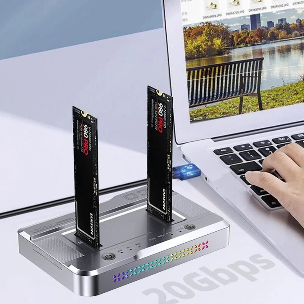 Dual Bay M.2 SSD Cloning Dock, 20Gbps NVMe to NVMe Offline Clone, One-Key Copy Type-C 3.2 Enclosure, Dual Drive Read - Silver - 5