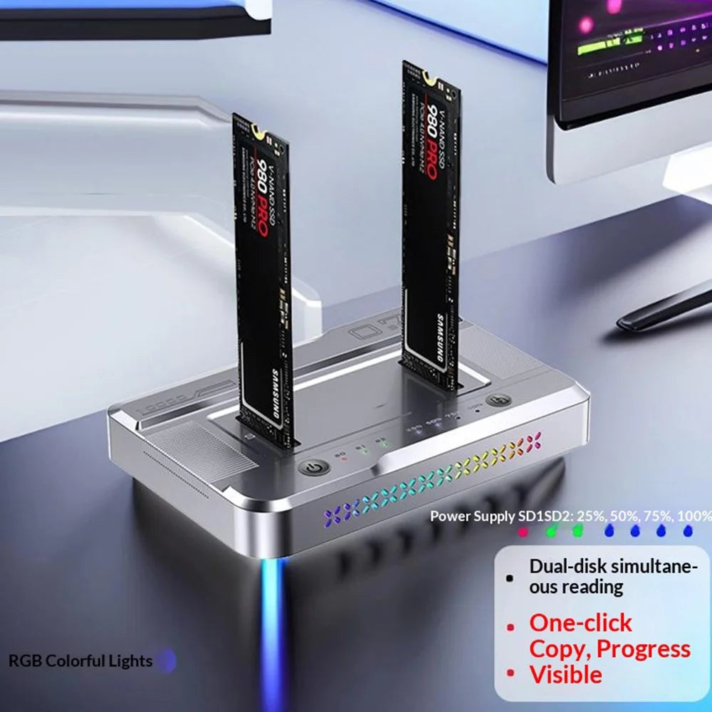 Dual Bay M.2 SSD Cloning Dock, 20Gbps NVMe to NVMe Offline Clone, One-Key Copy Type-C 3.2 Enclosure, Dual Drive Read - Silver - 6