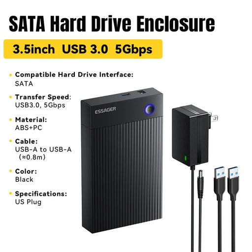 ESSAGER 3.5 Inch SATA 3.0 HDD SSD Enclosure 5Gbps USB 3.0 External Hard Drive Case - US Plug - 2