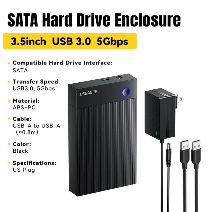 ESSAGER 3.5 Inch SATA 3.0 HDD SSD Enclosure 5Gbps USB 3.0 External Hard Drive Case - US Plug - 2