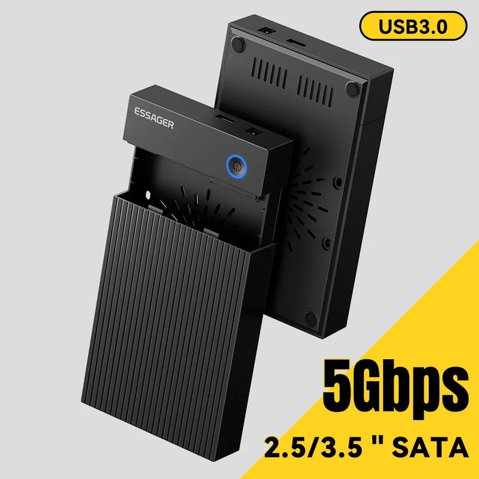 ESSAGER 3.5 Inch SATA 3.0 HDD SSD Enclosure 5Gbps USB 3.0 External Hard Drive Case - US Plug - 3
