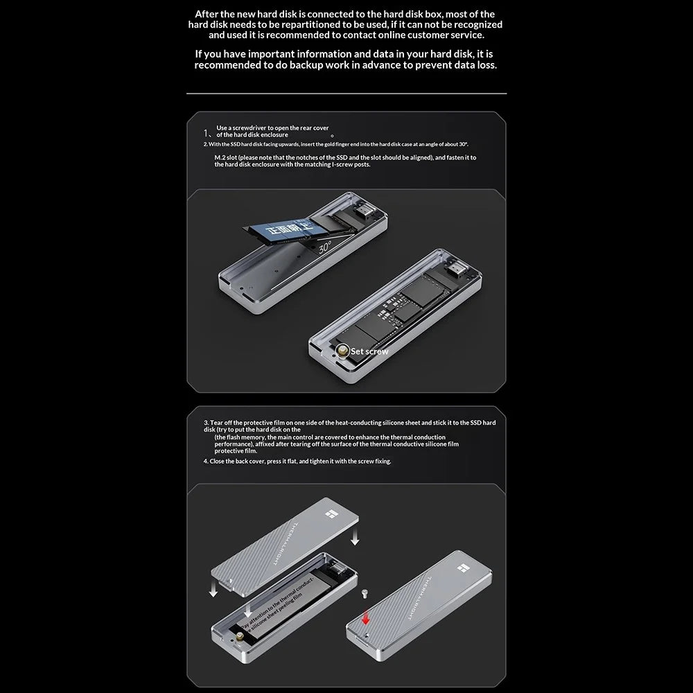 THERMALRIGHT HR-EB105 DUAL C M.2 NVMe SATA SSD Enclosure Type-C Cable USB3.2 Gen2 10Gbps High-Speed Aluminum Alloy Hard Drive Case - Grey - 7