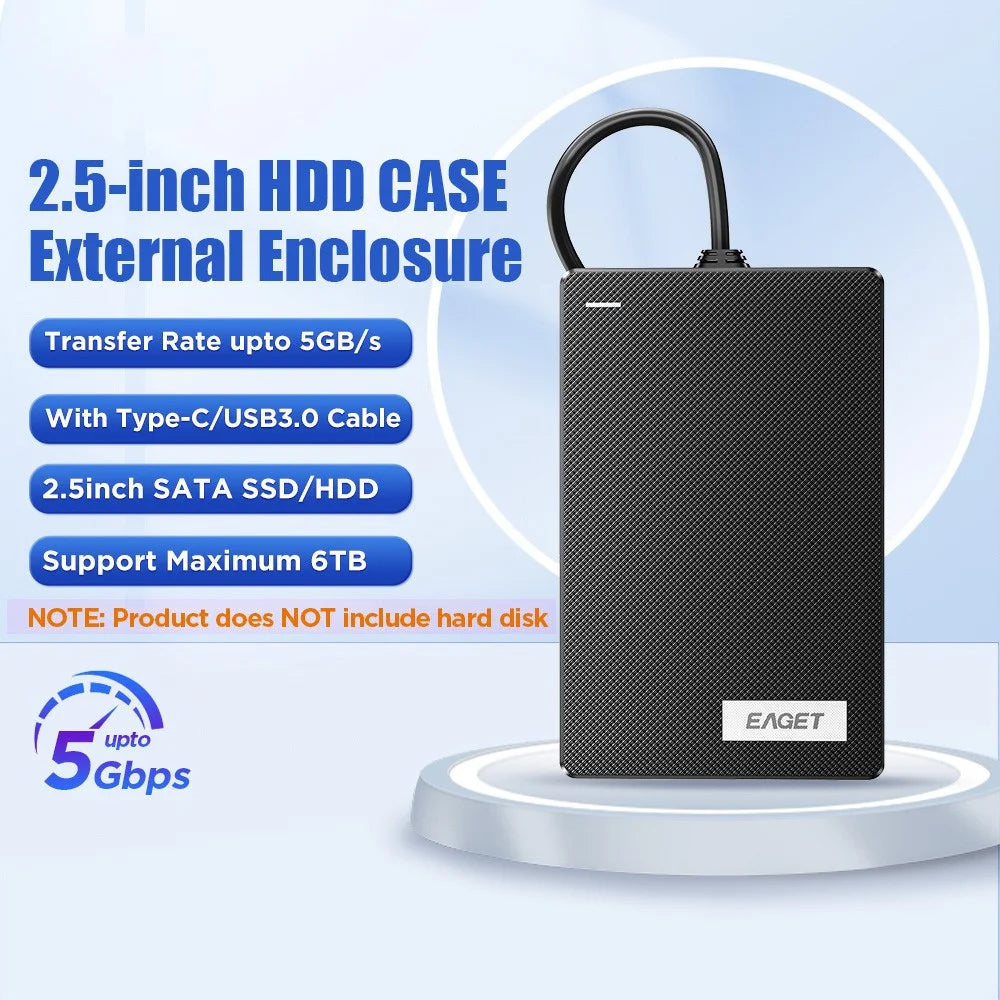 EAGET CE10 2.5 Inch HDD Enclosure USB3.0 SATA External Hard Drive Case with USB-A Cable - Black - 2