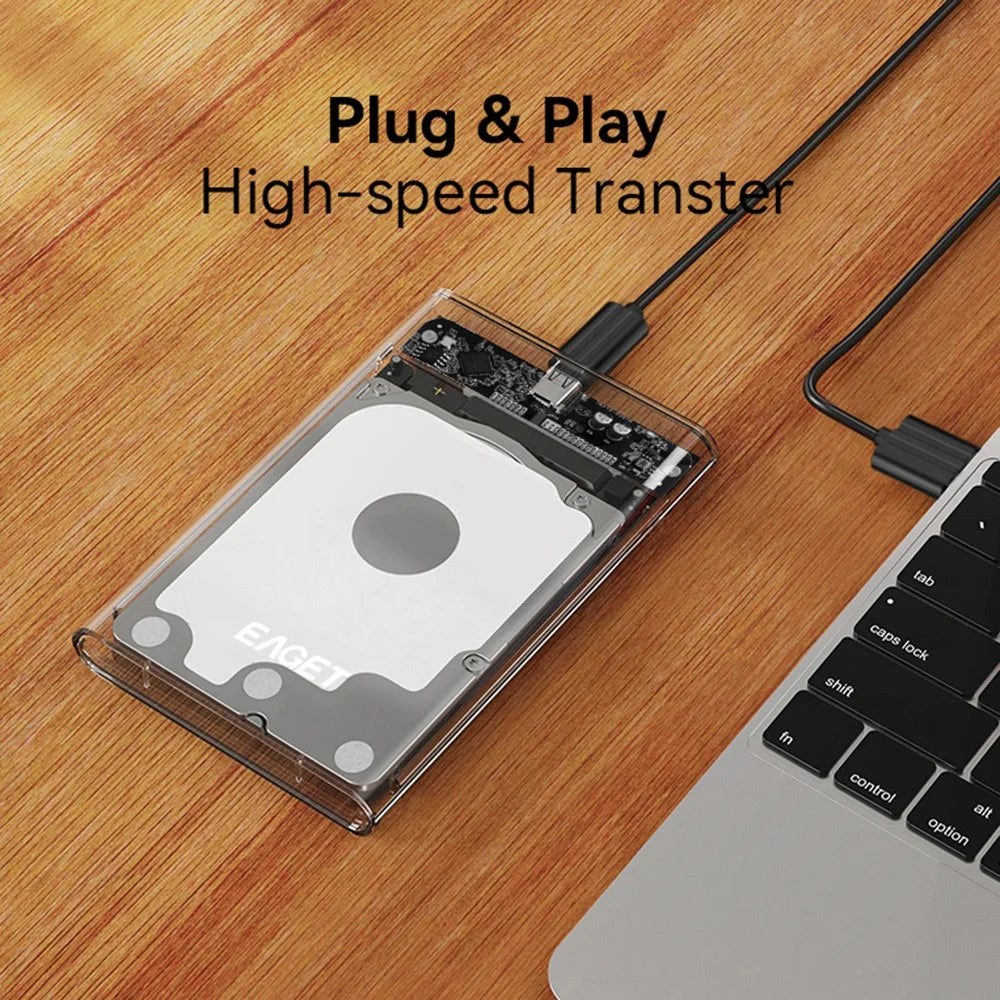 EAGET E11 2.5 Inch SATA External SSD & HDD Enclosure USB-C 3.1 Tool-Free Clear Hard Drive Case - Black - 2