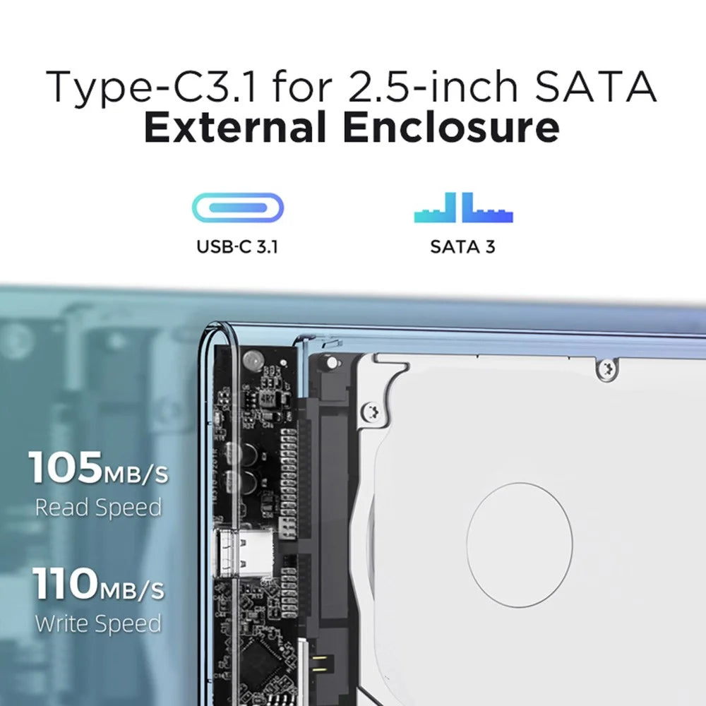 EAGET E11 2.5 Inch SATA External SSD & HDD Enclosure USB-C 3.1 Tool-Free Clear Hard Drive Case - Black - 4