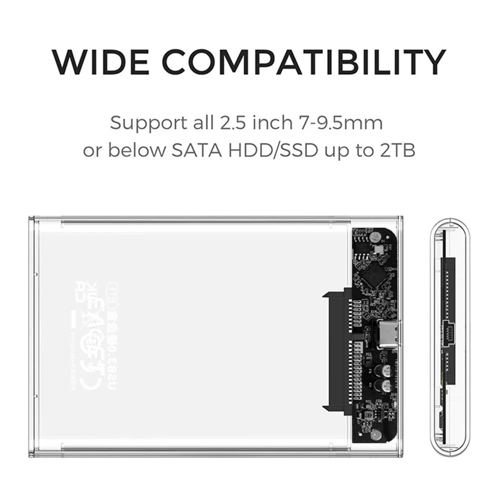 EAGET E11 2.5 Inch SATA External SSD & HDD Enclosure USB-C 3.1 Tool-Free Clear Hard Drive Case - Black - 6
