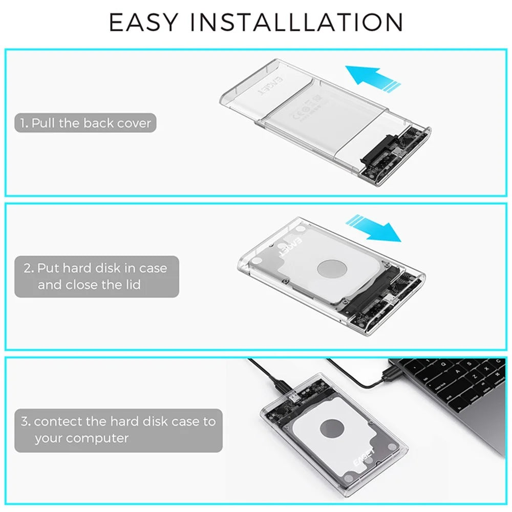 EAGET E11 2.5 Inch SATA External SSD & HDD Enclosure USB-C 3.1 Tool-Free Clear Hard Drive Case - Black - 7