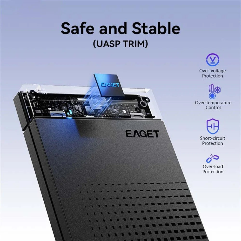 EAGET E51 2.5 Inch External Hard Drive Enclosure Type-C to USB-A Cable Tool-Free 5Gbps SSD & HDD Hard Drive Case - Black - 3