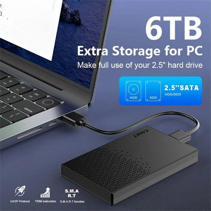 EAGET E60 2.5 Inch External Hard Drive Enclosure 6TB Micro-B to USB-A Cable 5Gbps Portable Hard Drive Case for SSD HDD - Black - 6