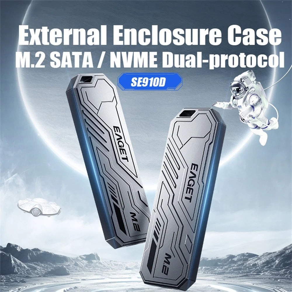 EAGET SE910D M.2 NVMe SATA External Enclosure USB3.2 10Gbps Aluminum Alloy SSD Hard Drive Case for 2230  /  2242  /  2280 - Grey - 2