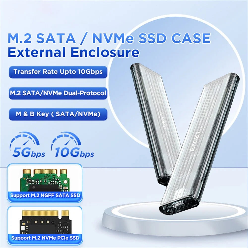 EAGET SE150D M.2 NVMe SATA Enclosure 10Gbps Type-C 3.2 Tool-free Installation Transparent External SSD Hard Drive Case - 2