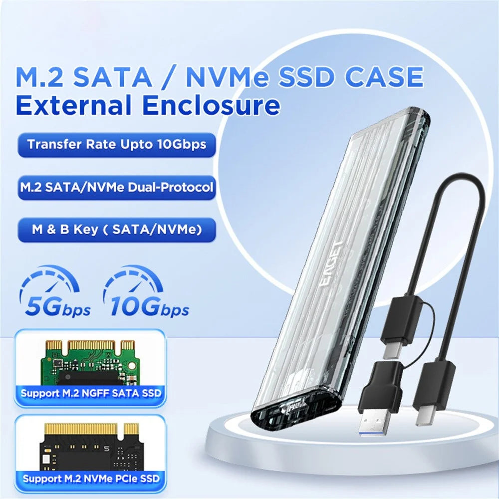 EAGET SE150D M.2 NVMe SATA Enclosure 10Gbps Type-C 3.2 Tool-free Installation Transparent External SSD Hard Drive Case - 3