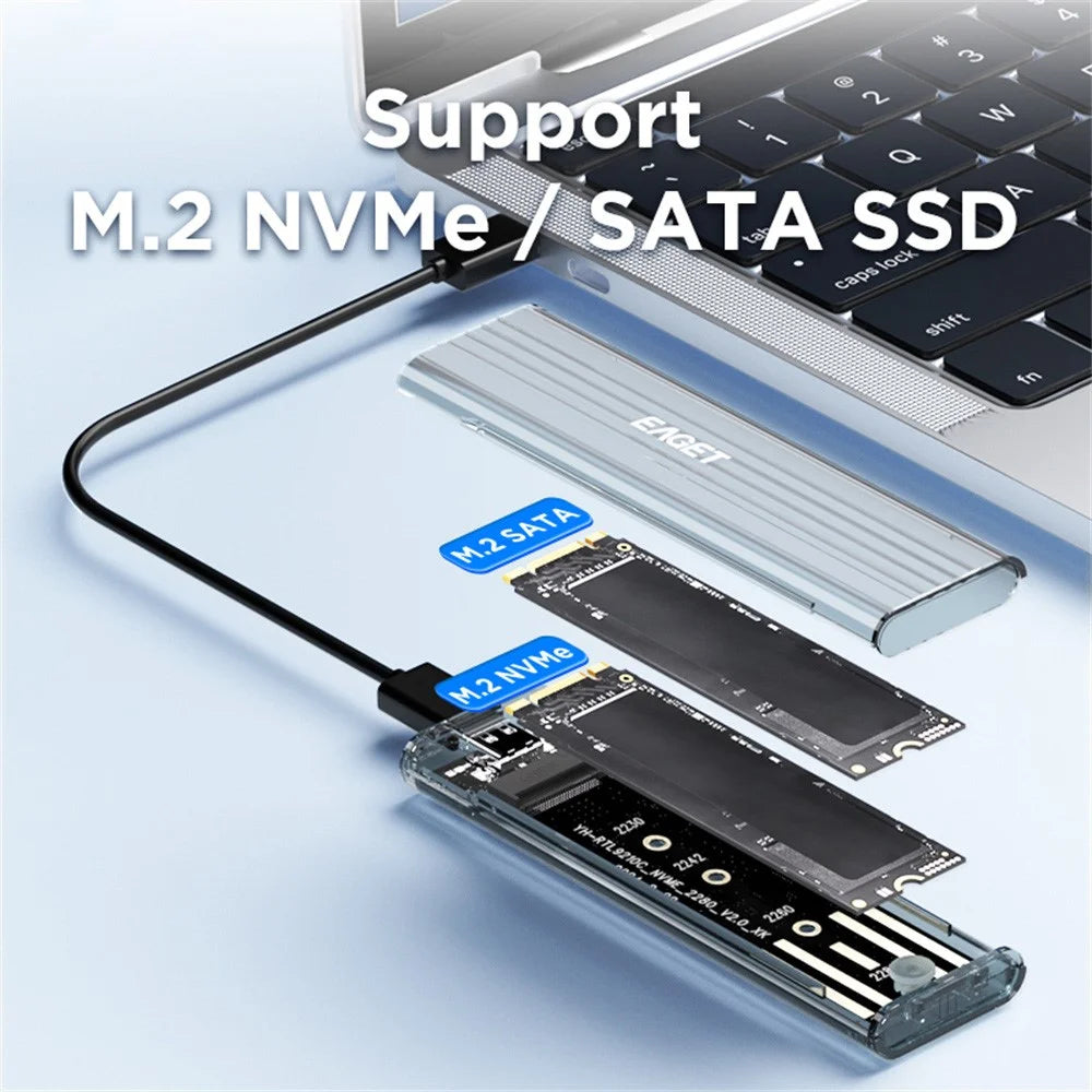 EAGET SE150D M.2 NVMe SATA Enclosure 10Gbps Type-C 3.2 Tool-free Installation Transparent External SSD Hard Drive Case - 5