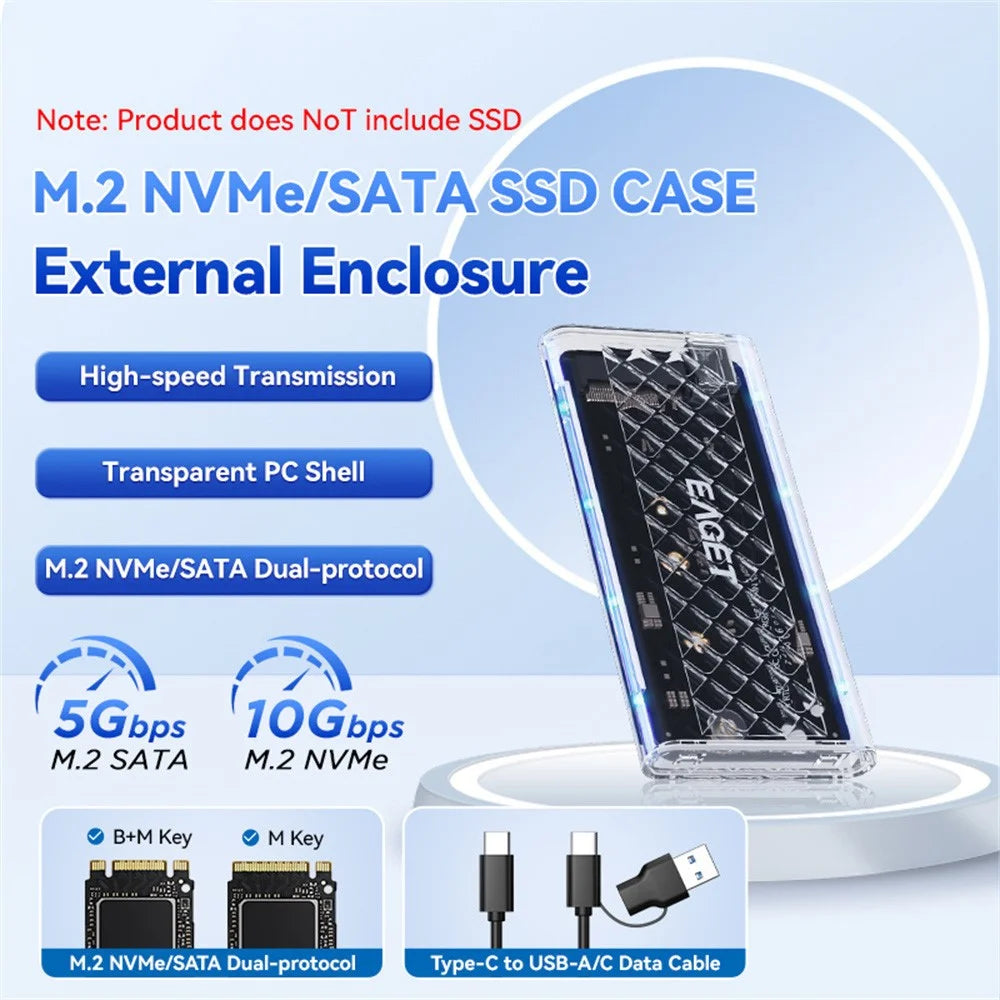 EAGET SE160D M.2 NVME SATA Enclosure Transparent USB 3.2 10Gbps Dual Protocol SSD Hard Drive Case for 2230  /  2242  /  2260  /  2280 - 2