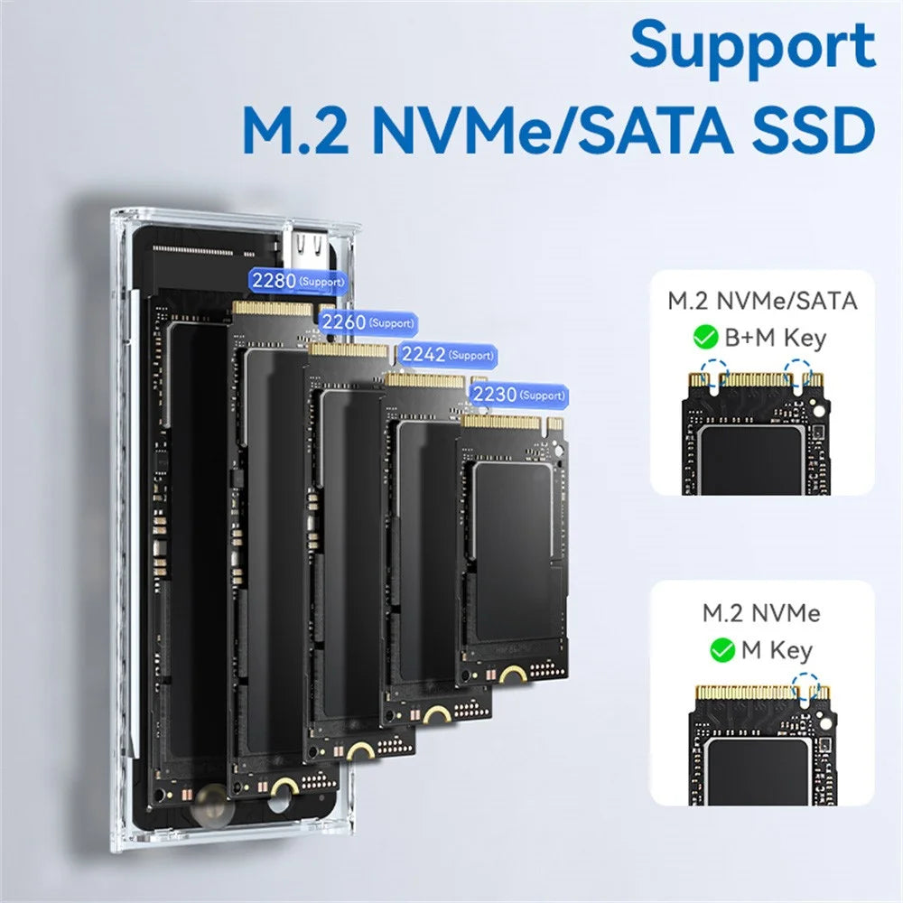 EAGET SE160D M.2 NVME SATA Enclosure Transparent USB 3.2 10Gbps Dual Protocol SSD Hard Drive Case for 2230  /  2242  /  2260  /  2280 - 4