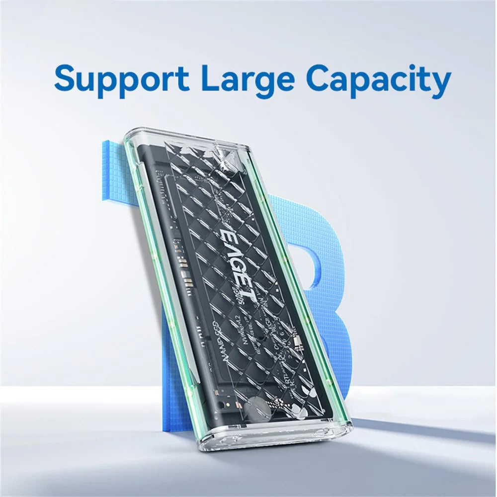 EAGET SE160D M.2 NVME SATA Enclosure Transparent USB 3.2 10Gbps Dual Protocol SSD Hard Drive Case for 2230  /  2242  /  2260  /  2280 - 5