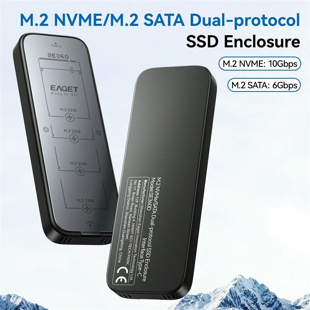 EAGET SE360D M.2 NVMe SATA Dual Protocol SSD Enclosure 10Gbps USB 3.2 Gen 2 USB-C External SSD Case, Support 8TB Max - 2