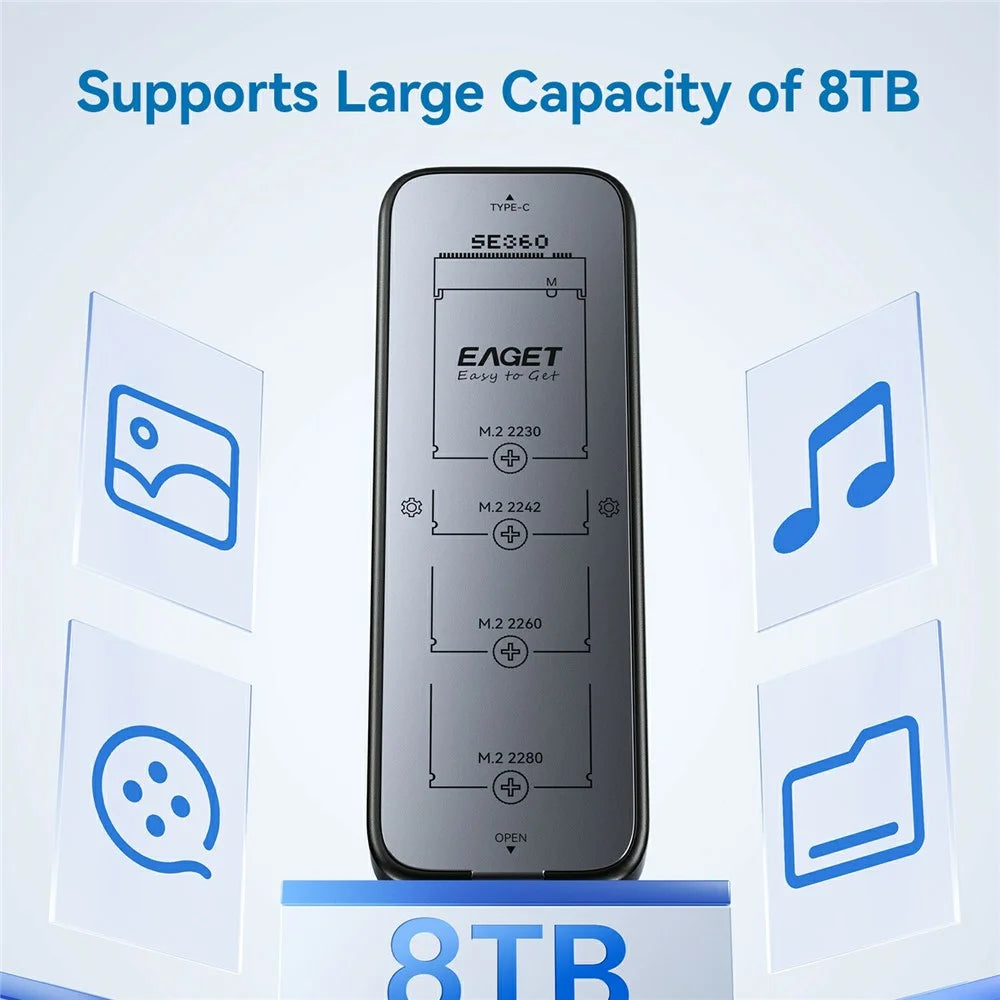 EAGET SE360D M.2 NVMe SATA Dual Protocol SSD Enclosure 10Gbps USB 3.2 Gen 2 USB-C External SSD Case, Support 8TB Max - 6