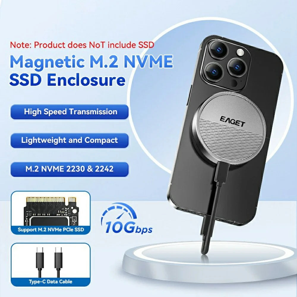 EAGET SE880 M.2 NVMe Magnetic SSD Enclosure Aluminum Alloy 10Gbps Type-C External SSD Case - 2