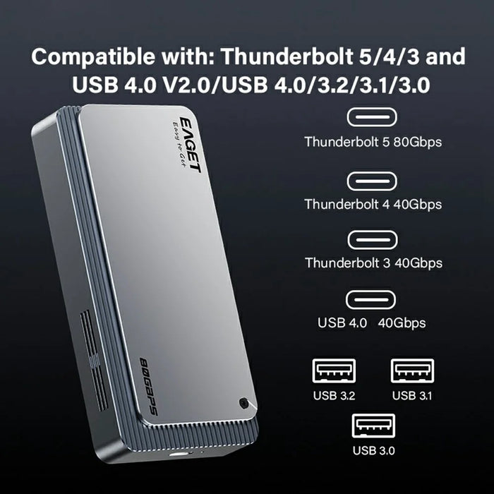 EAGET TSE8500 M.2 NVMe Enclosure 80Gbps USB-C 4.0 8TB Support Aluminum Alloy External Hard Drive Case - Silver Grey - 5