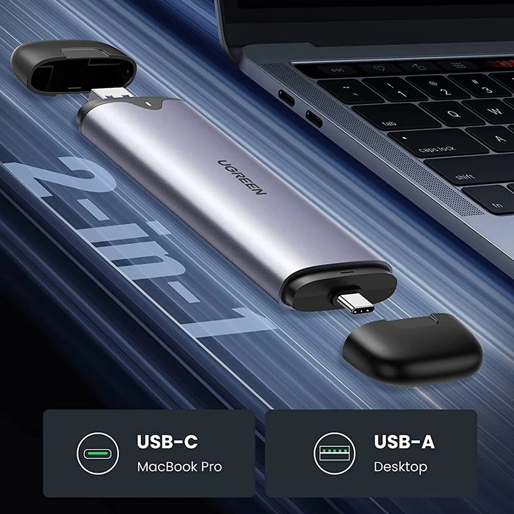 UGREEN 70532 2-in-1 NVME Enclosure USB-C + USB-A Ports 10Gbps SuperSpeed Transfer USB 3.1 Gen 2 M.2 NVME Portable Hard Drive Enclosure Supports M and B/M Keys and 2242/2280 SSD - 3