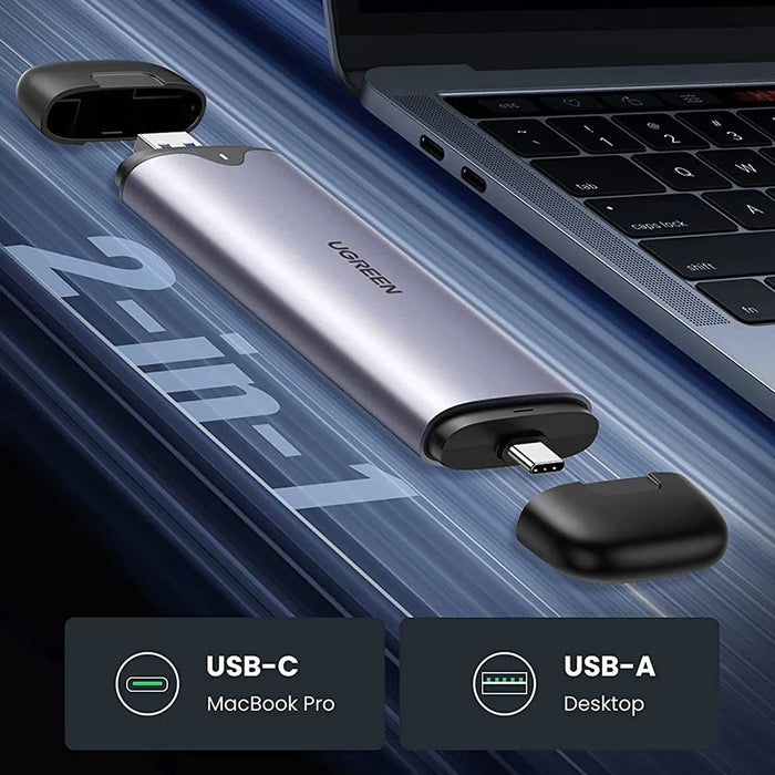 UGREEN 70532 2-in-1 NVME Enclosure USB-C + USB-A Ports 10Gbps SuperSpeed Transfer USB 3.1 Gen 2 M.2 NVME Portable Hard Drive Enclosure Supports M and B/M Keys and 2242/2280 SSD - 3