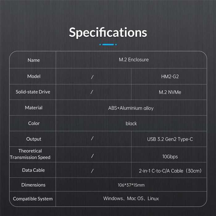 ORICO ORICO-HM2-G2 M.2 NVMe SSD Case 10Gbps High Speed Hard Drive Enclosure External Hard Disk Case - 7