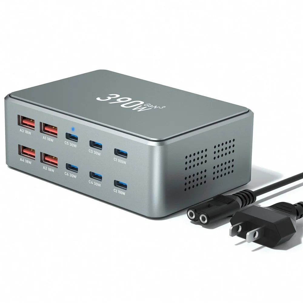 390W GaN Charger Type-C + USB-A 10 Ports Desktop Charging Station for Phone Tablet Laptop - US Plug - 1