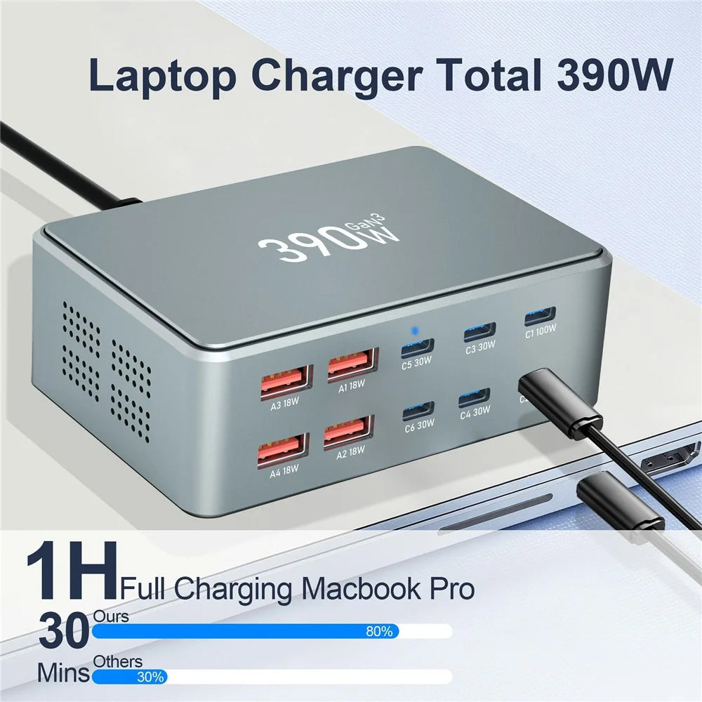 390W GaN Charger Type-C + USB-A 10 Ports Desktop Charging Station for Phone Tablet Laptop - US Plug - 3