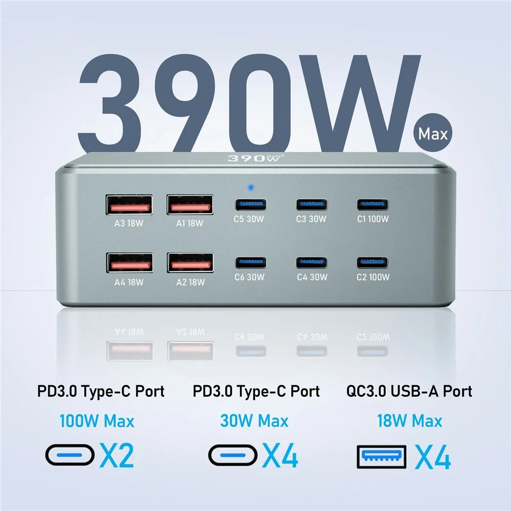 390W GaN Charger Type-C + USB-A 10 Ports Desktop Charging Station for Phone Tablet Laptop - US Plug - 4