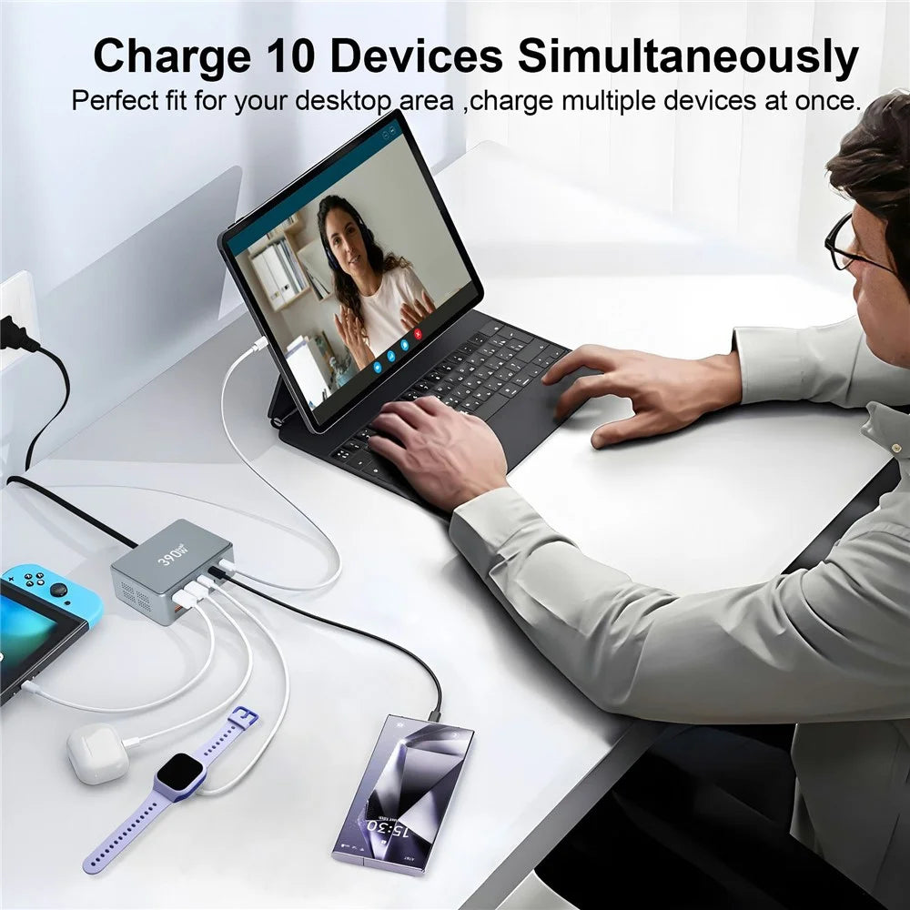 390W GaN Charger Type-C + USB-A 10 Ports Desktop Charging Station for Phone Tablet Laptop - US Plug - 7
