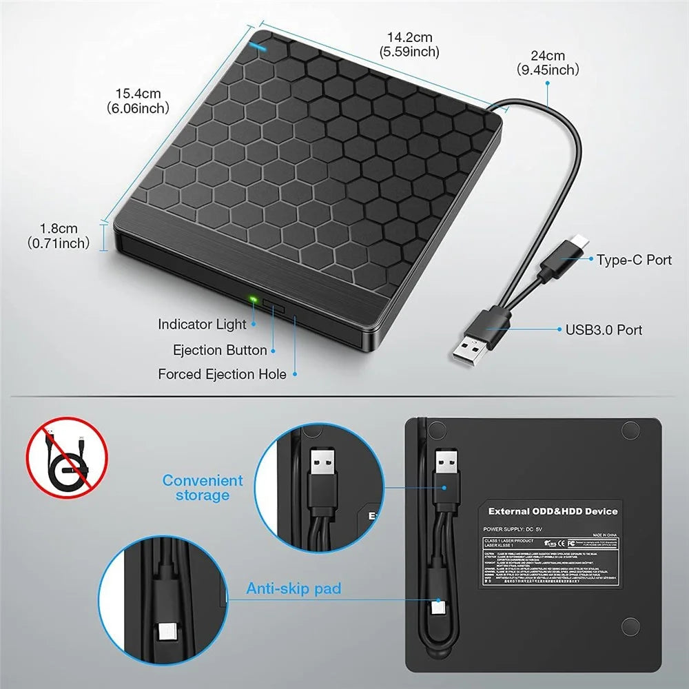 042 Football Pattern USB3.0 / Type-C Computer Laptop External Optical Drive Burner High Speed DVD Burner - 3