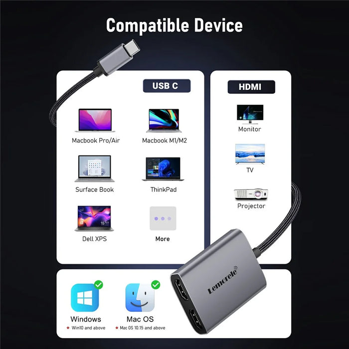LEMORELE H20 USB-C to Dual HD Hub Adapter 2 in 1 Docking Station Support 4K / 30Hz Display for Windows / MacOS - 6