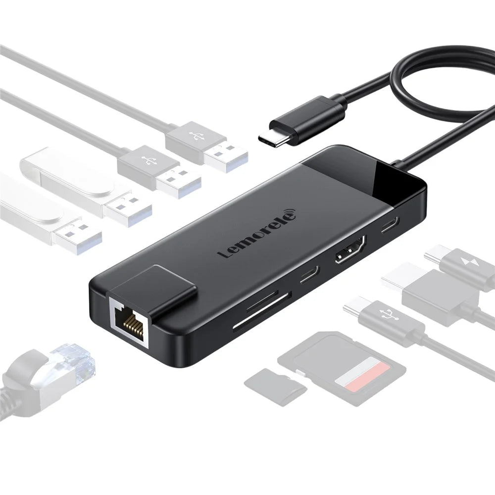LEMORELE TC93 USB-C Docking Station 10 in 1 Hub Adapter Multiport with HD  /  Ethernet  /  Card Reader  /  PD Charging - 1