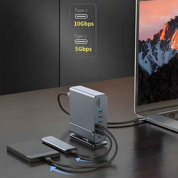 15 in 1 Type-C Docking Station MST Multi-Port Hub Adapter with Stand Dual HD DP USB 3.2 Gigabit Ethernet - Grey - 4